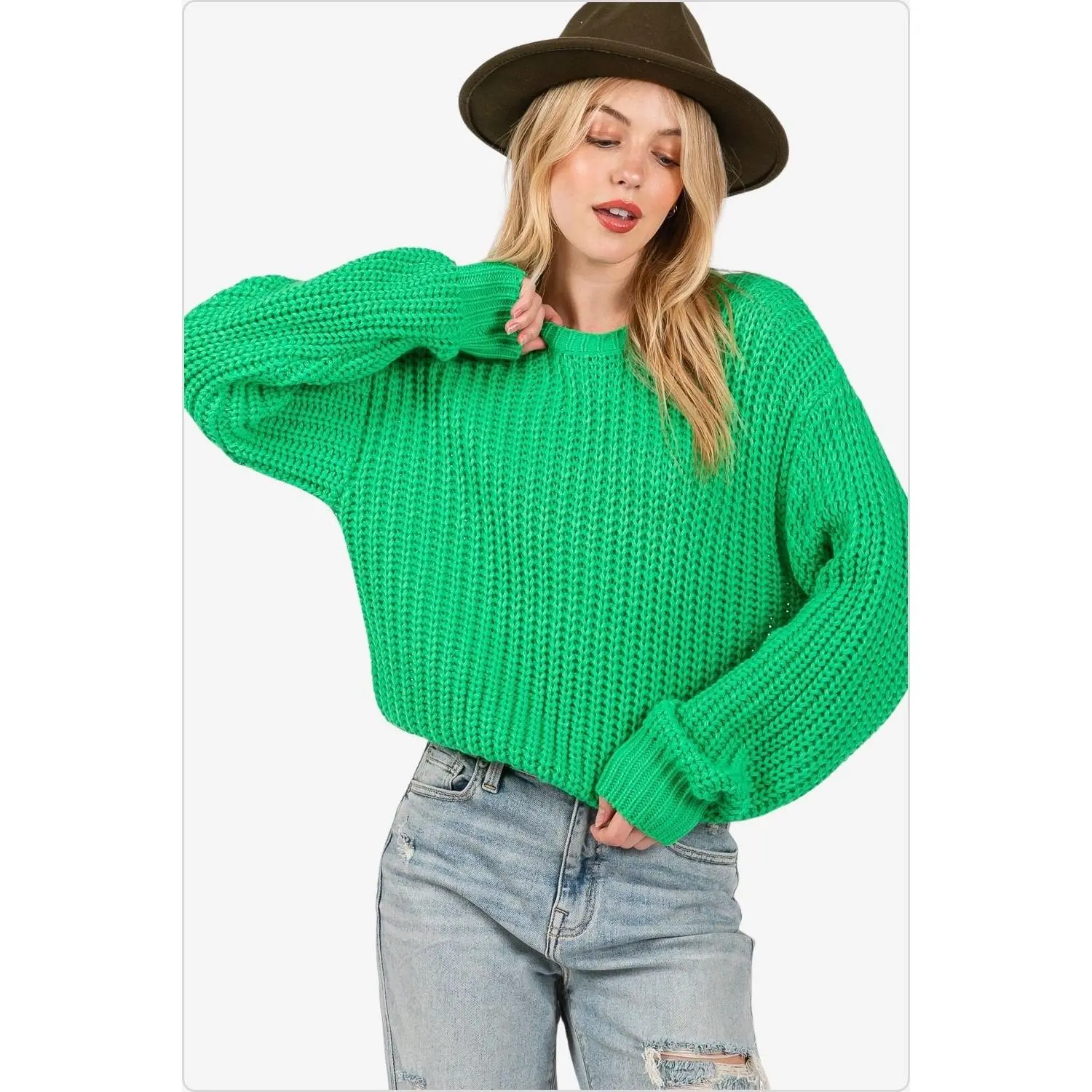 Women's Round Neck Drop Shoulder Sweater in Green