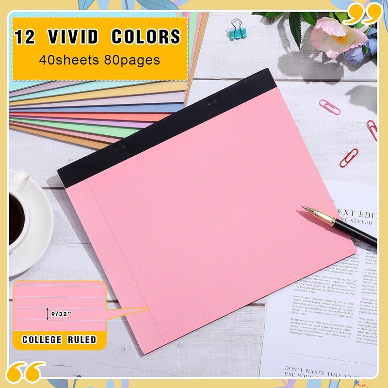 12 count 11" x 9.5" Legal Pads College Ruled Notepad Landscape Notebook Horizontal Lined Notebook 80 Gsm Assorted Colors Paper Pastel Writing Pads for School Office, 40 Sheet (Bright Color)