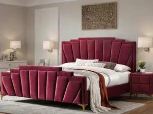 Genoa Modern Glam Velvet Platform Bed Frame with Art Deco Tufted Headboard Gold Legs – Queen or King Upholstered