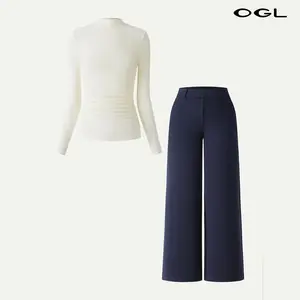OGL 2Pcs Set Ruched Sides Tuckable Mockneck Top & Mid Rise Straight Pull-on Pants with Pockets SpringStatements