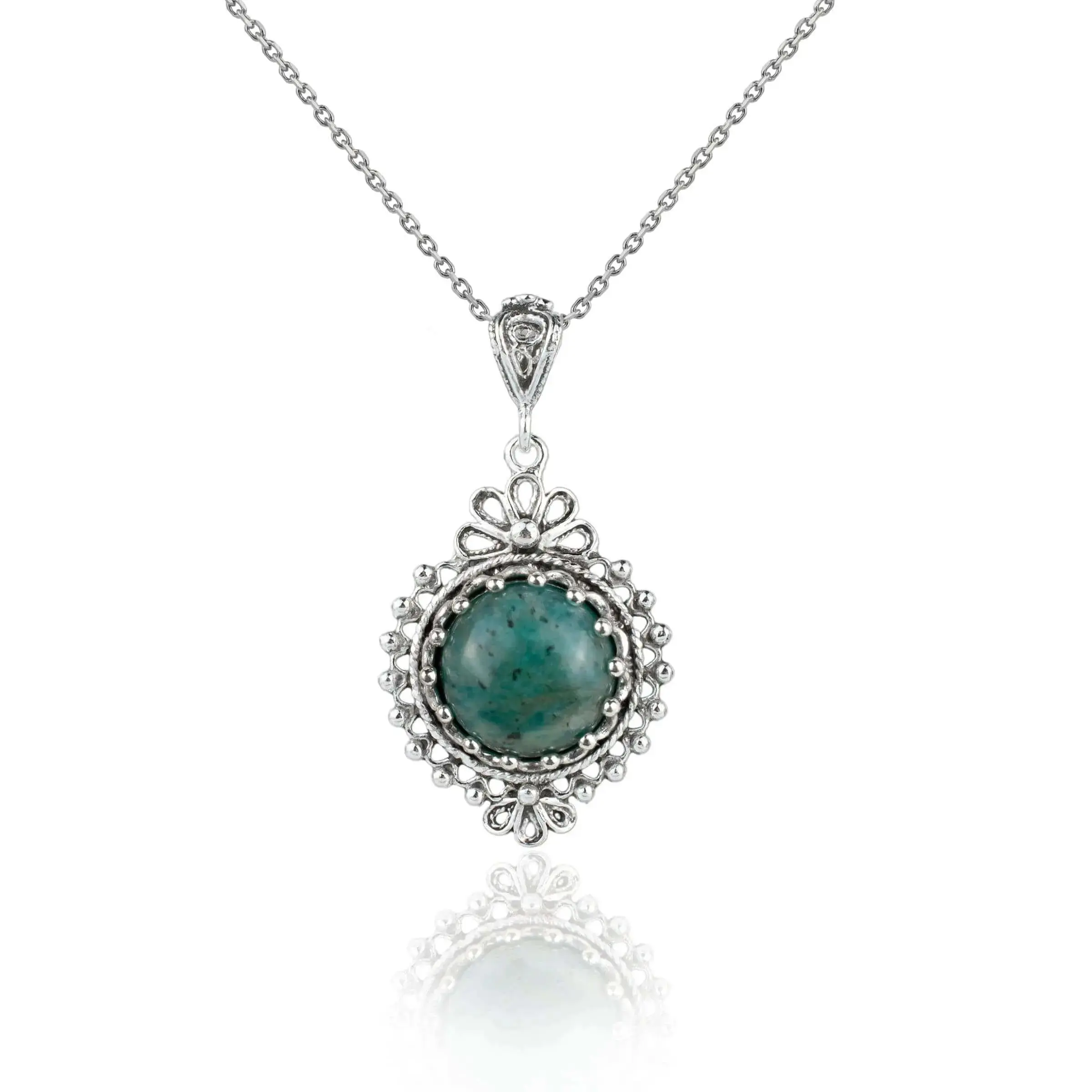 Filigree Art Amazonite Gemstone Women Silver Boho Pendant Necklace