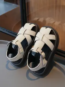 Retro Braided Toe Protector Sandals, Cross Weave Design, Anti-Collision, Non-Slip Rubber Sole, Magic Tape Closure, Ages 2-10