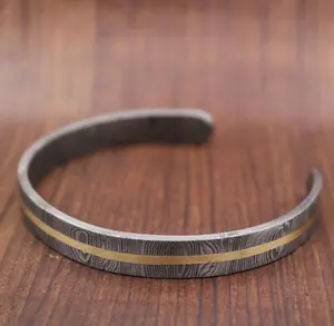 Hand Forged Damascus Steel Cuff Bracelet: Copper Line Viking Bangle