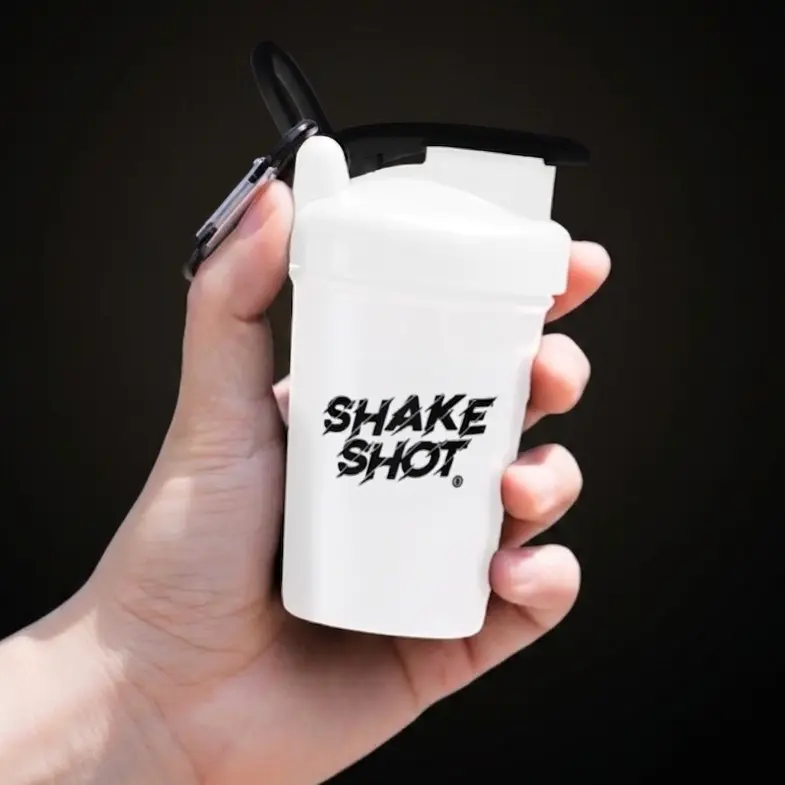 Shake Shot 4 oz White Mini Pre-workout & Supplement Bottle with Clip & Shaker Ball Gym