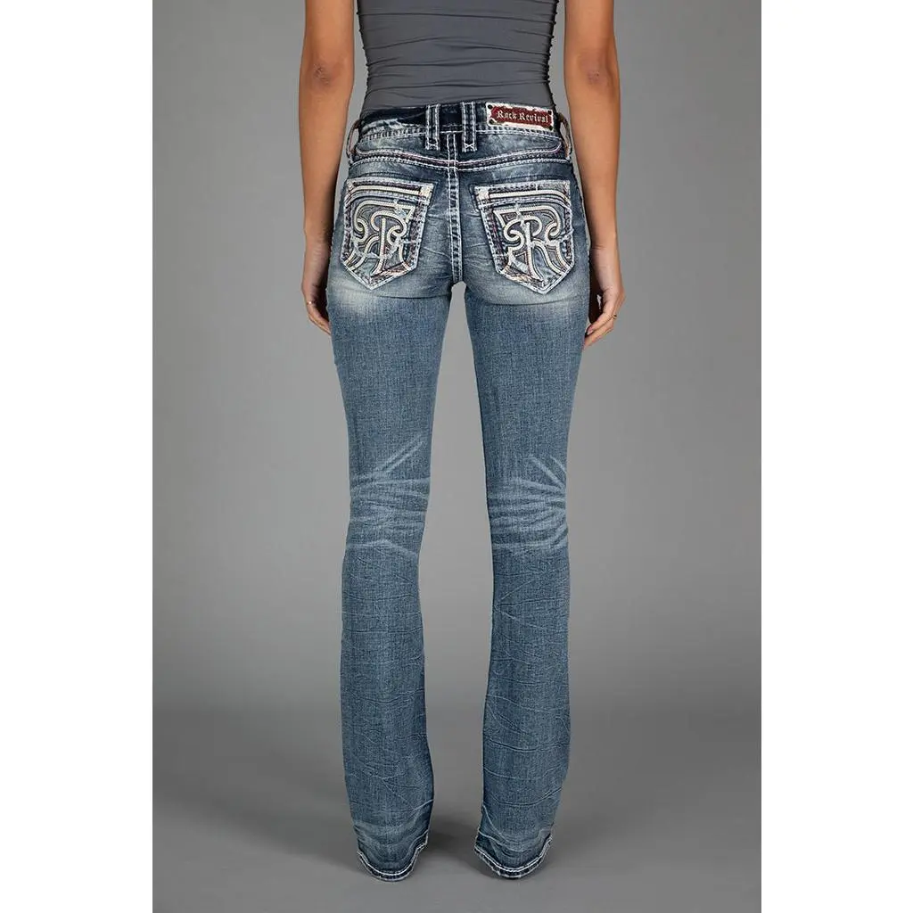 rr Women's Maisie 2000s Mid Waist Bootcut Jeans in Medium Wash Stretch Denim with Fleur-de-Lis Embroidery, Flared Jeans