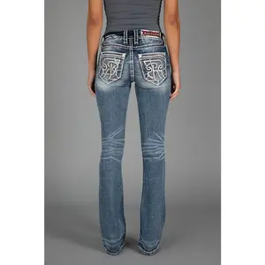 rr Women's Fitted Bootcut Denim Jeans - Embroidered Pocket Design, Leather Bottom Women's Clothes
