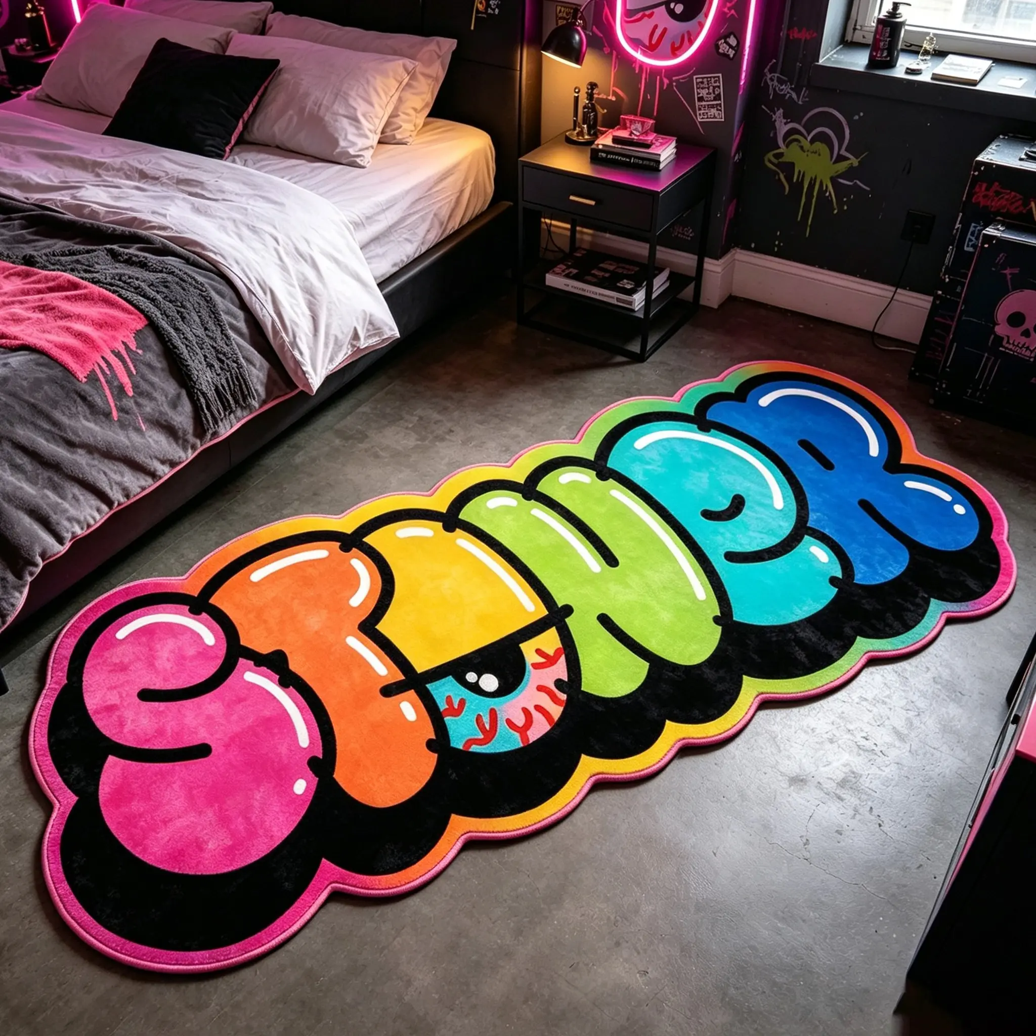 Neon Gradient Graffiti Letter Rug, Decorative Rug, Soft Comfortable Mat, Hand Wash Only, Ideal for Living Room, Bedroom, Bathroom, Kitchen, Hallway Decor