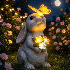 Solar Bunny Garden Statue Outdoor Decor, Waterproof Resin Animal Figurine with LED Lights, Cute Yard Patio Art Gift