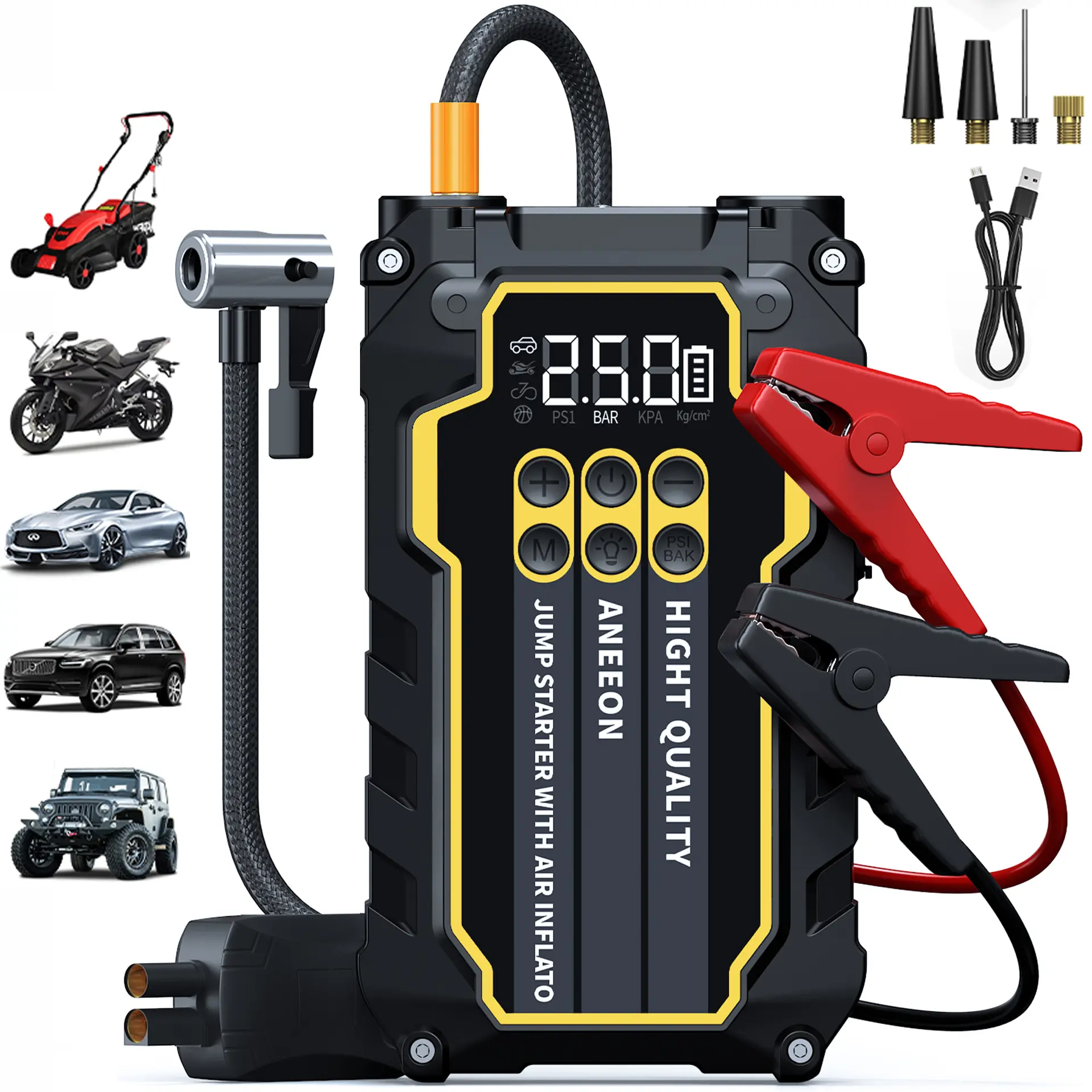 Aneen Portable Car Jump Starter with Air Compressor, 100w Tire Inflator Pump, 12V Lithium Battery Charger, Car Essentials, Car Accessory /