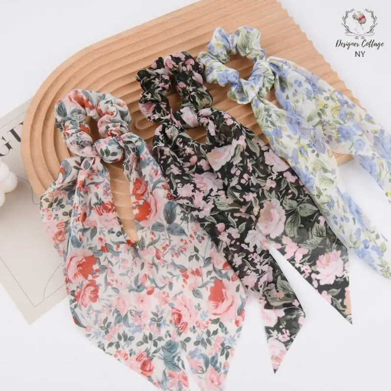 Chiffon Floral Hair Scarf Scrunchies - Elastic Hair Tie for Fall,Boho Style, Ideal for Birthday Gifts
