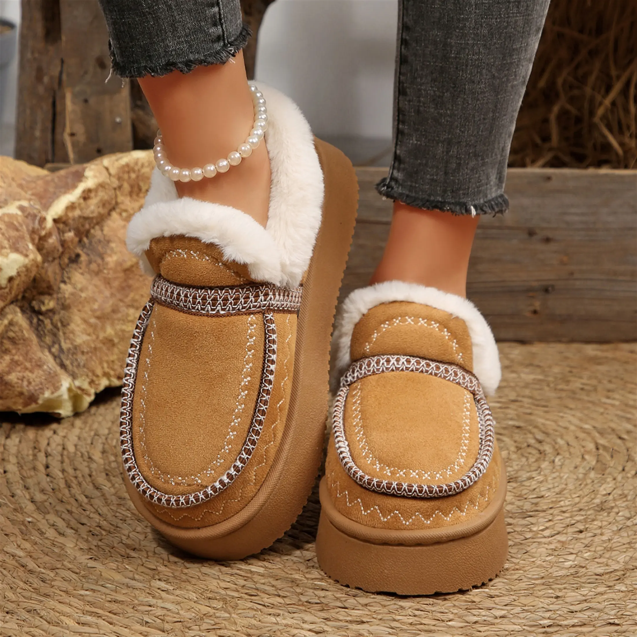 Women’s Mini Snow Boots Fashion Wave Stitch Platform Loafers Warm Fleece Lined Comfort Thick Sole Winter Indoor Outdoor Shoes