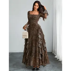 Elegant Women's Leopard Print Party Dress, Fitted Long Sleeve Square Neck Flounce Sleeves, Romantic Two-Layer Design, Perfect for Parties