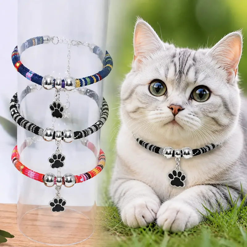 Adjustable Cat & Small Dog Collar, 9.06in+ 2.76in Extension Chain - Nylon Pet Necklace with Colorful Paw Print Pendant, Ethnic Design Durable Pet Accessory for Daily Use, Parties, Birthday Gifts, Christmas or Travel - Stylish & Secure for Puppy & Kitten