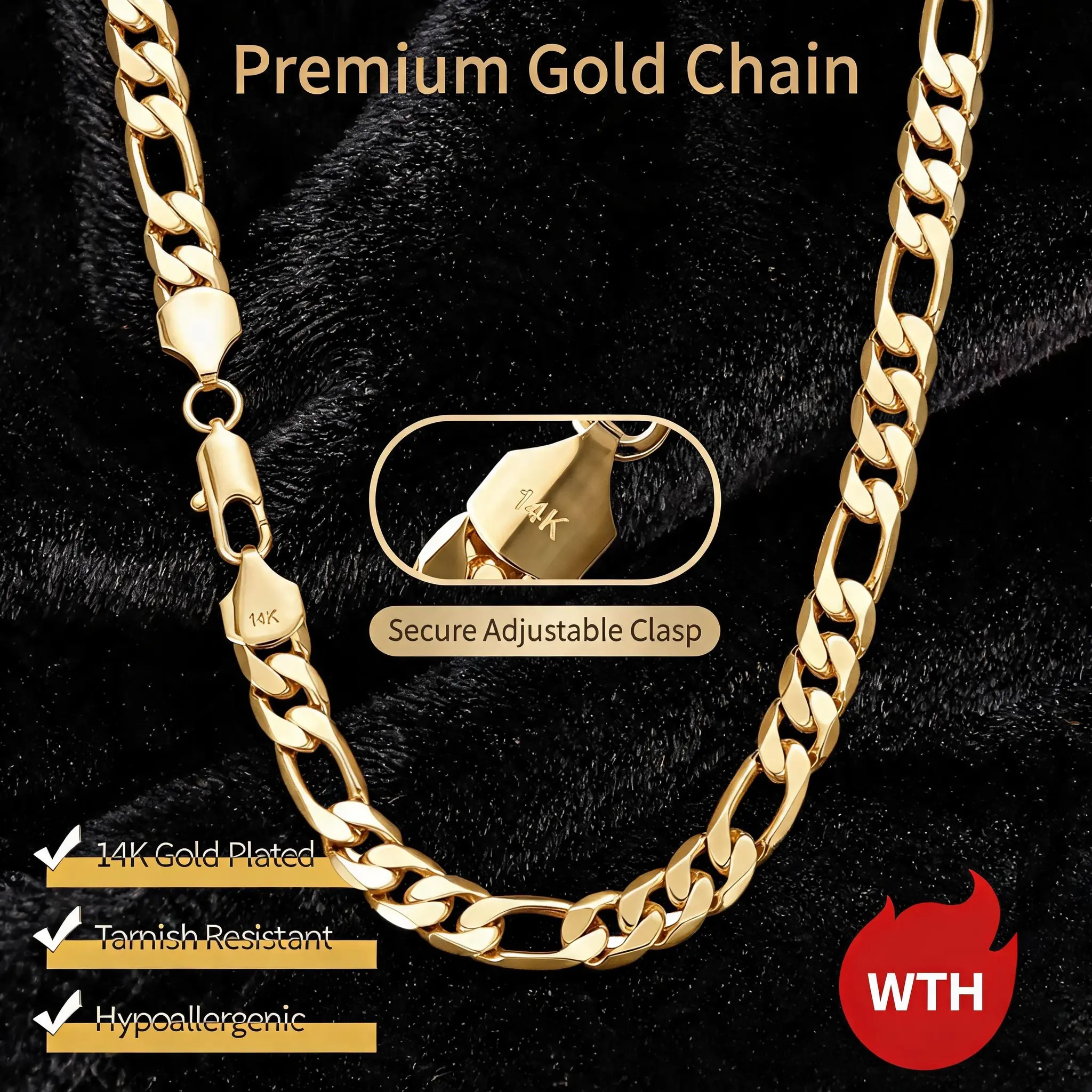 Men's 14K Gold Coated Brass Figaro Chain Necklace - 10mm Width, 20-24in Length, Italian Cuban Design, Anti-Tarnish Nano-Coating, Hip-Hop Street Style, Minimalist Layered Jewelry, Ideal Men's Gift