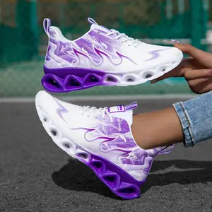 Women's breathable mesh running shoes - lightweight lace-up low-top round head, purple and white striped design, all-season comfortable fabric lining and EVA insole, MD bottom is suitable for daily wear and light exercise