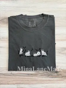 Cat Comfort Colors Tee, Halloween Embroidered Tee, Fall T-Shirt, Spooky Season, Embroidered Tee, Cat Ghost Embroidered Shirt, Spooky Shirt (Copy)