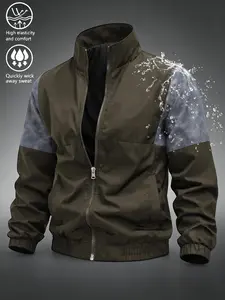 Men's Patchwork Stand Collar Jacket, Casual Long Sleeve, Waterproof Lightweight, All-Season, Pull-On Closure, Ideal for Daily Wear