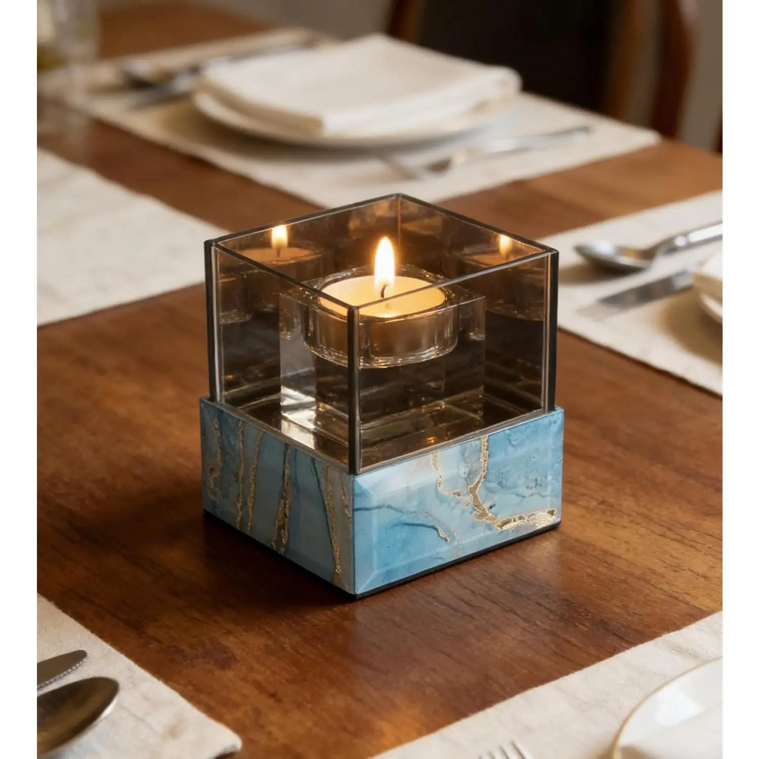 Crystal Glass Candle Holder Suqare with Marble Pattern-Tealight and Votive Candles Holders Centerpiece Table Decorations for Home Décor, Dining Room, Kitchen, Patio (Blue)