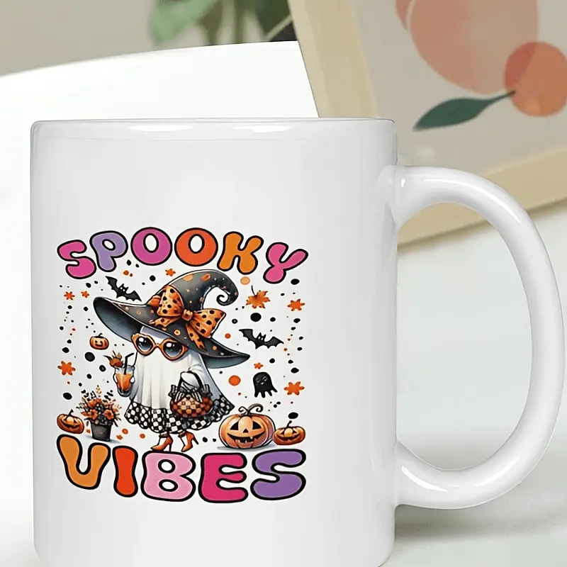 1pc Spooky Vibes Ceramic Coffee Mug with Cute & Witch Design - Groovy Halloween Ghosts, Bats, Pumpkins & Spiders - Reusable Hand Wash Only Cup for Hot Drinks, Multi-Color Options (Pink, Purple, Orange, Black) - Funny Gift for Chri