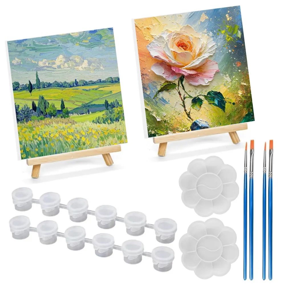 2Pcs 8 * 10In Canvas Boards for Painting, Art Canvas for Drawing with 4 Brushes & 2 Paint Trays & 4 Paint Boxes, Mini Painting Canvas with Easel Set, Painting Kits for Adults Party