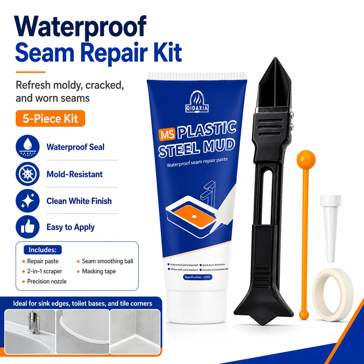 5-Piece Home Improvement Waterproof Repair Kit - Clean White Caulk Paste, 2-in-1 Scraper, Precision Nozzle, Smoothing Ball, Masking Tape - Easy-Apply Gap Filler for Bathtubs/Countertops, Cleaner for Refreshed Look