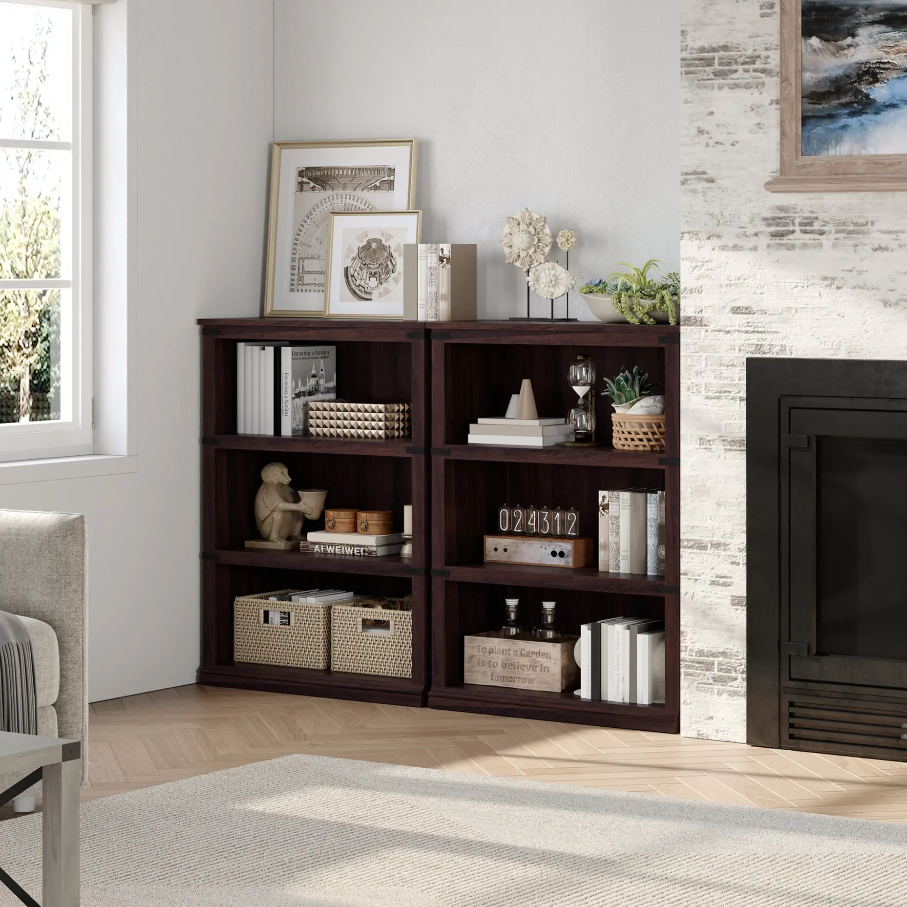 Multipurpose 5-Tier Wooden Bookcase – Tall Open Display Shelf with Storage, Rustic Farmhouse Bookshelf for Living Room, Home Office, Bedroom – Grey/Vintage/Cherry
