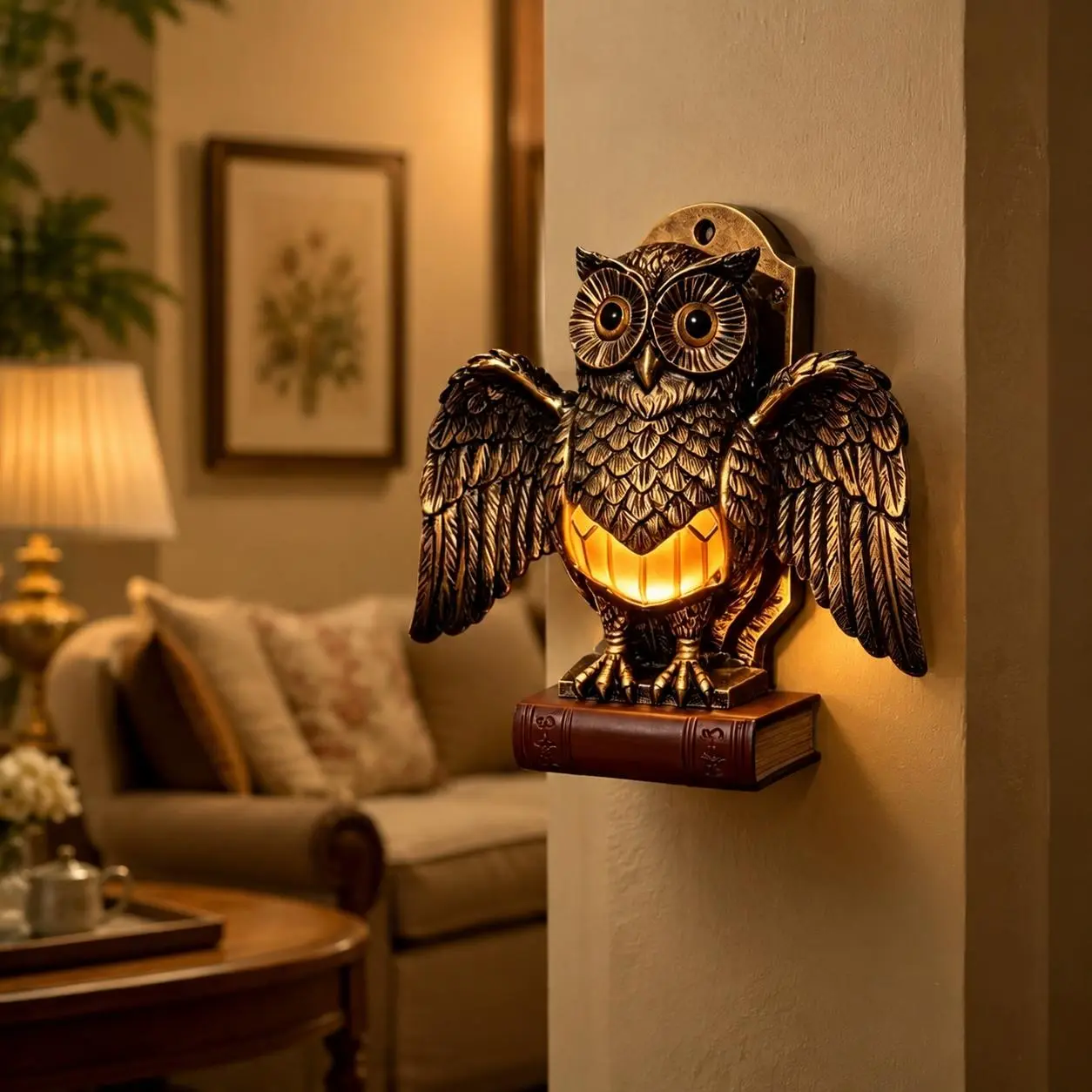 Antique Bronze Owl Wall Light with Book Base Resin LED Wall Sconce Warm Glow Night Lamp Farmhouse Gothic Living Room Bedroom Wall Decor Ornament Gift