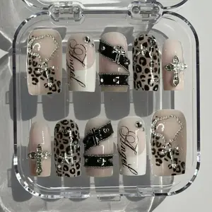 Gothic Leopard Press On Nails: Chrome Cross Rosary Chain and Studded Strap Art