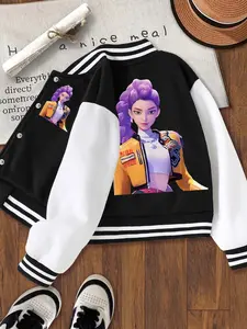 Girls' Short Baseball Jacket Coat, Cartoon Design, Elastic Fabric, Fitted Style, Collared Jacket, Fall & Winter School Uniform Outerwear