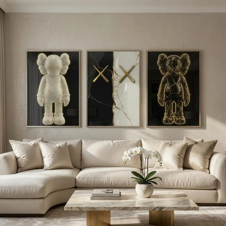 Decorative HypeBeast Kaws Inspired Designer Wall Art Poster Print Unframed Set Of 3, Kaws Style Hypebeast Decor, Arrtful Urban Decor Print, Kaws Figured