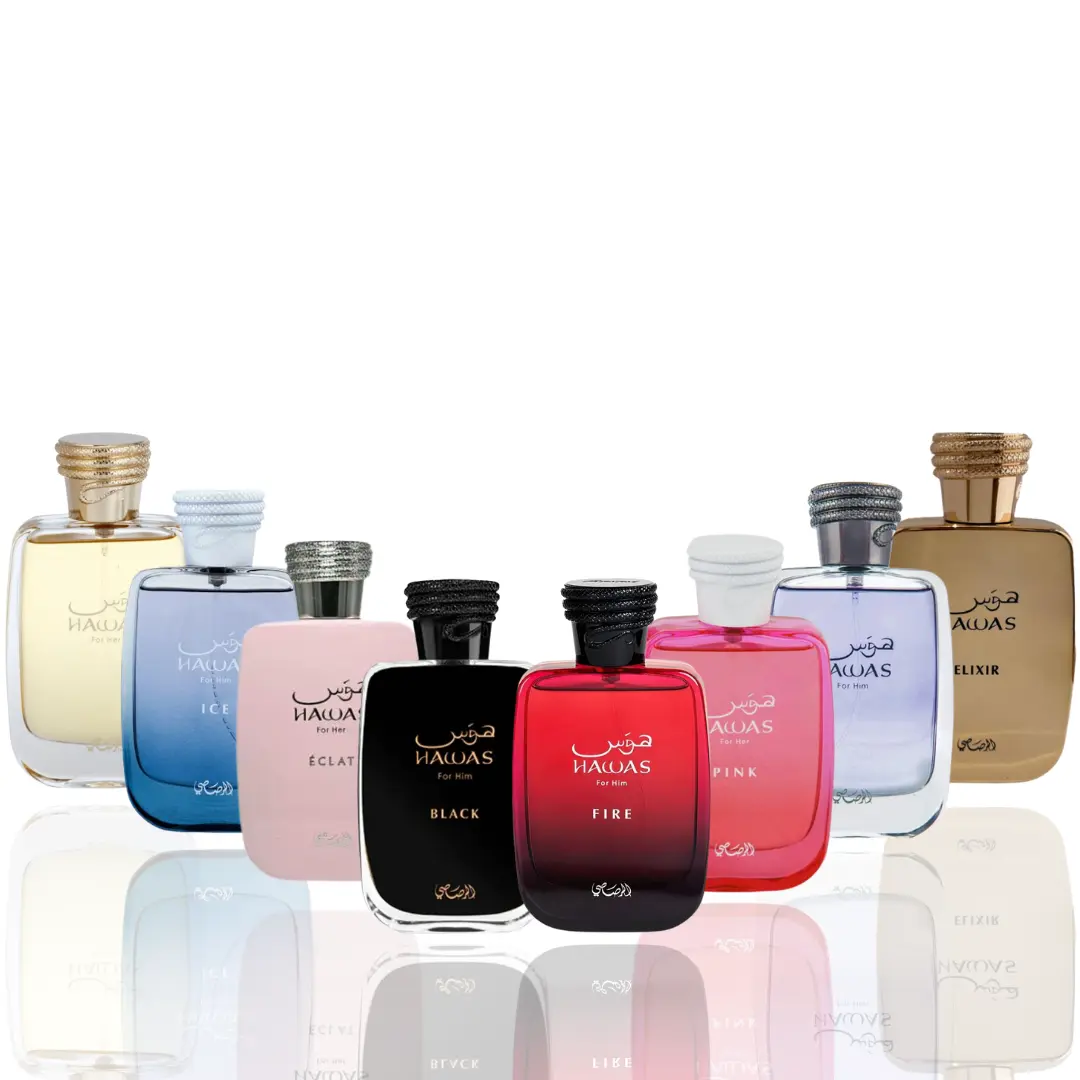 Rasasi Women's 8-Piece Floral Fruity Perfume Variety Pack - 100ml (3 to 3.9 fl oz) EDP Assorted Scents (Black, Ice, For Her, Elixir, Eclat, Fire, Pink), Long-Lasting, Aquatic, Ideal Gift for Enthusiasts