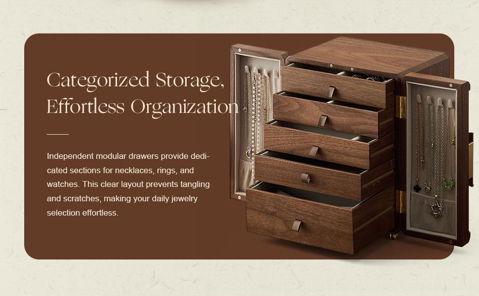 Walnut Wood Magnetic Double-Door Jewelry Box with Lid - 5-Layer Vintage Decorative Vanity Organizer, Velvet-Lined Compartments, Flower Accents, Large Capacity for Rings & Necklaces, Ideal Gift Box Packaging