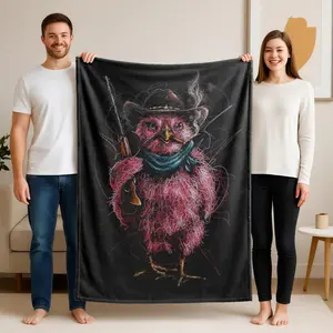 1 piece Hunter in pink feather outfit chicken character themed flannel blanket - All-season comfortable flannel blanket, modern design style, suitable for sofas and beds, digitally printed pattern, super soft and warm, 100% polyester material