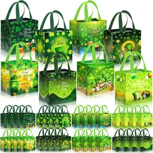 16pcs of Saint Patrick's Day gift bags, 8x6x8 inches green clover party gift bags, reusable non-woven fabric tote bags, Party Favors Assortment, Party Favor Packs, for Saint Patrick's Day candies, snacks, holiday parties