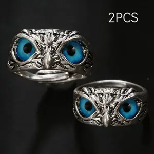 2PCS Fimewon Glow in the Dark Owl Ring, Friendship Ring, Couple Ring Adjustable Hip Hop Fashion Men's and Women's Jewelry, Night Light Effect Blue Lantern Ring Statement Ring Two Tone Ring toe rings rings for women engagement rings 