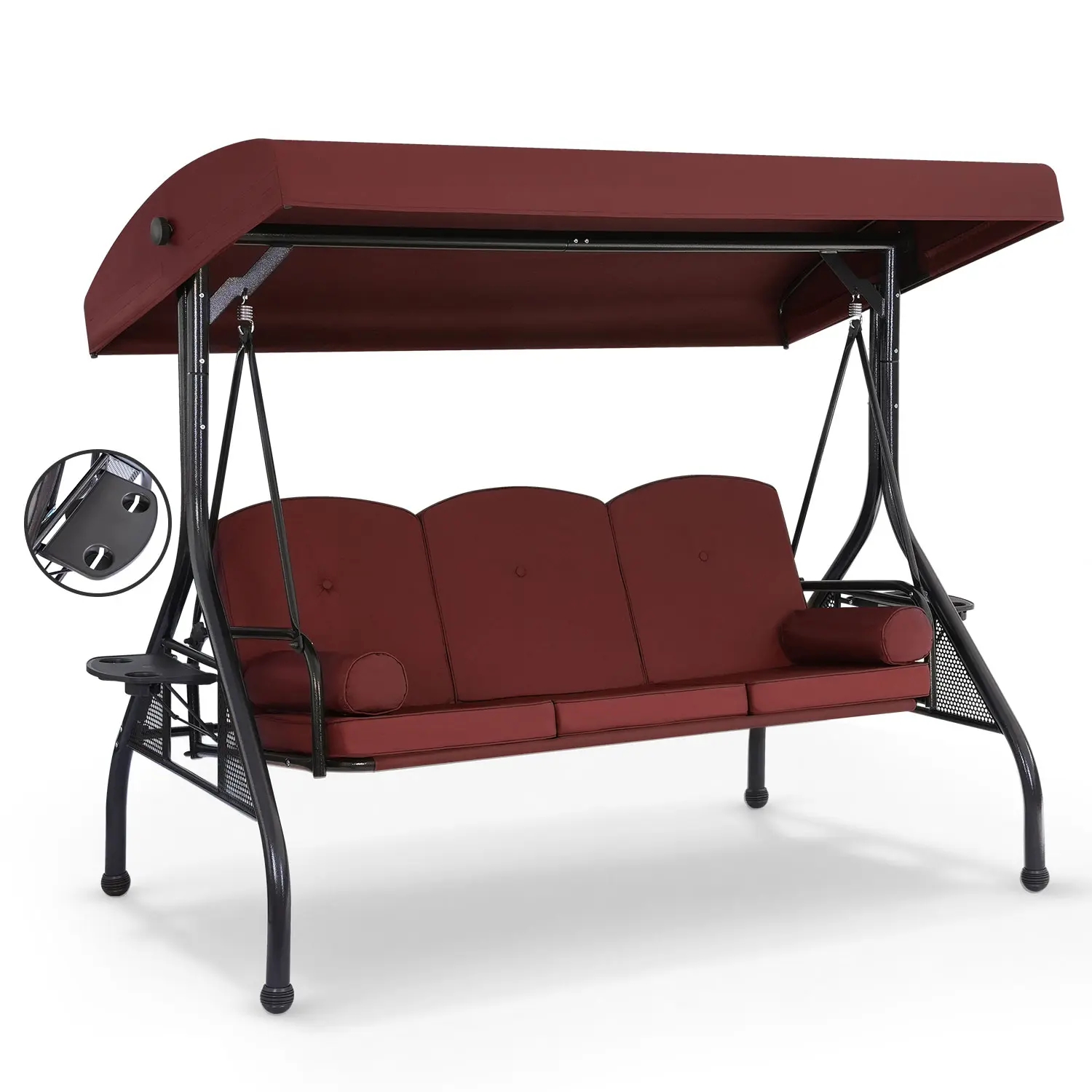 JONPONY 3-Seat Outdoor Patio Swing with Stand 800LBS, 2-in-1 Convertible Swing Bed, Adjustable Canopy Removable Cushion for Yard Garden Deck, Iron, Cup Holders