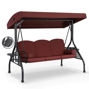 JONPONY 3-Seat Outdoor Patio Swing with Stand 800LBS, 2-in-1 Convertible Swing Bed, Adjustable Canopy Removable Cushion for Yard Garden Deck