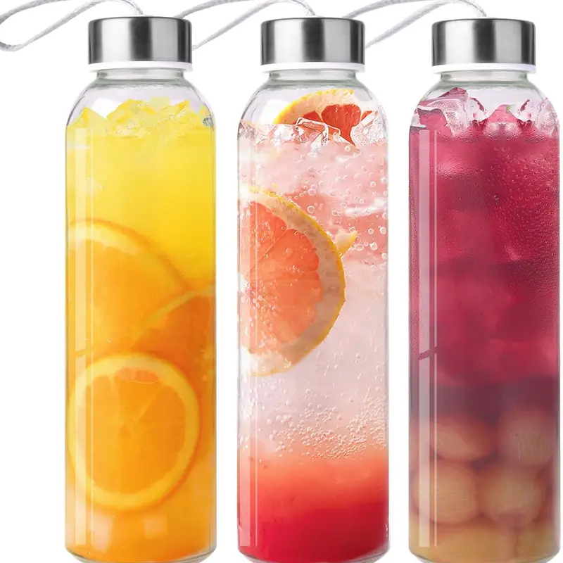 3-Pack 17oz Lead-Free Silicone-Sealed Glass Water Bottles (8.7in Fridgeready Cup), Stainless Steel Lids, Grip-Safe Thick Base, Slim Shape, Knitted Carry Loop, Washable Reusable Kitchen Drinkware for Juicing, Travel
