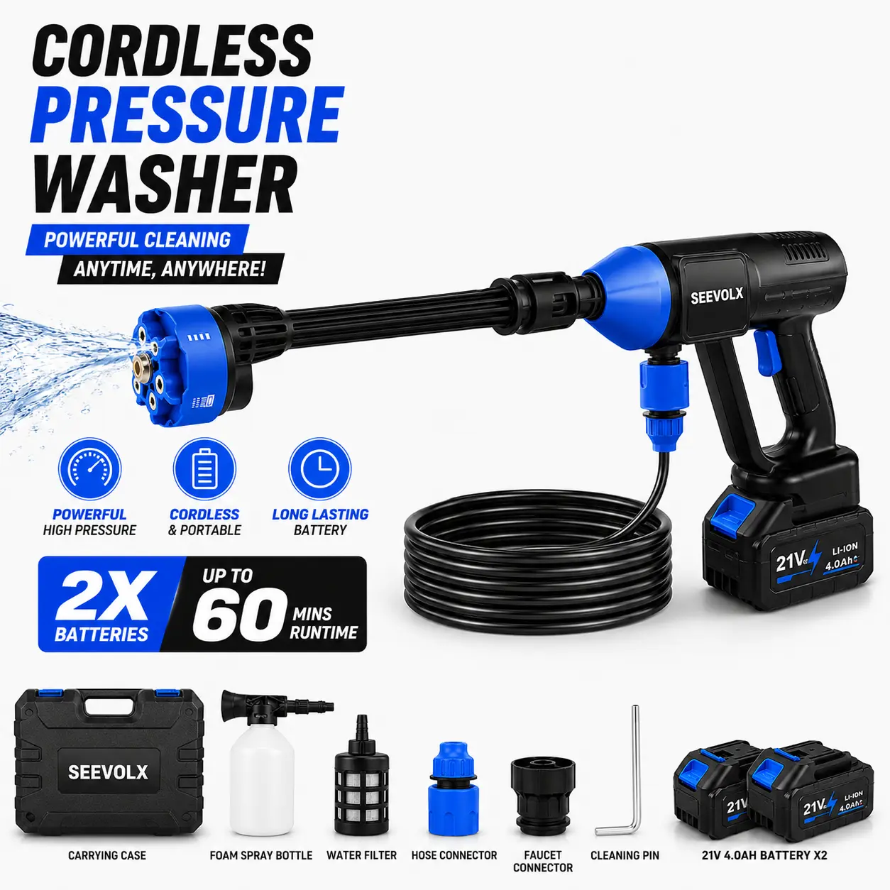 SEEVOLX 21V Cordless Pressure Washer, Portable Battery Powered Power Cleaner with 2 Rechargeable Batteries, 6-in-1 Nozzle & Foam Cannon, High Pressure Water Blaster for Cars, Patio, Driveway, Garden & Outdoor Cleanin