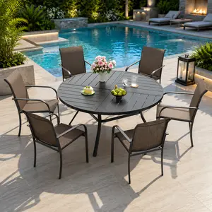 7-Piece Outdoor Patio Dining Set with 50" Round Metal Table & 6 Stackable Sling Chairs – Black & Brown