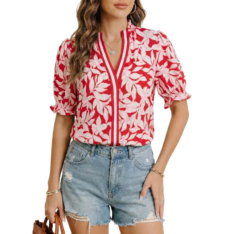 Dokotoo Women's Summer Boho Floral Ruffle Shirt Puff Short Sleeve V Neck Casual Trendy Cute Blouse Tops