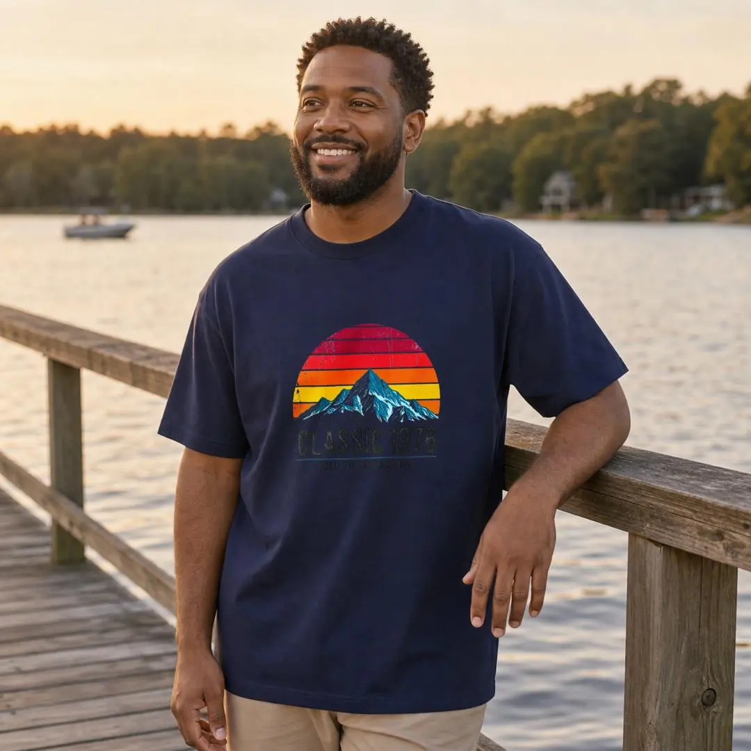 Xtauto Menswear Round Neck Cotton Short-Sleeve Vintage Retro Sunset Mountain Graphic Unisex T-Shirt, 1988 Classic Outdoor Summer Casual Gift For Men Women, Tops, Shortsleeve