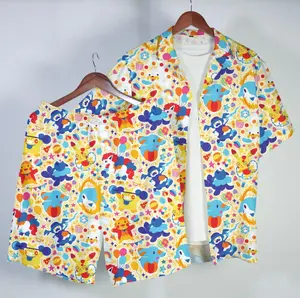 2026 Hawaiian Sets PKM [FREESHIP] Pikapika yellow Anime Hawaiian Shirt Tropical Button Up Shirt Summer Beach Short Cute Cartoon Pattern Matching Set Unisex Outfit Shirt Gifts