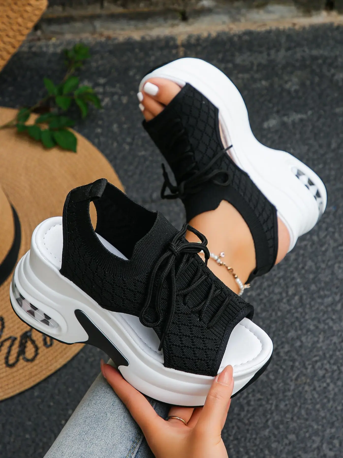 Women's Open Toe Platform Wedge Sandals, Breathable Knit Upper, Lace-Up Design, Air Cushion Thick Sole, Comfortable Sporty Sandals for Daily Walking, Travel, Casual Outings, All Day Wear Support, Breathable Summer Sandals