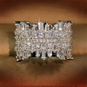 925 Sterling Silver Shiny Full Diamond Gemstone Ring 18K Gold Cocktail Ring Cubic Zirconia Promise Ring CZ Diamond Multi Row Rings Eternity Engagement Wedding Party Ring  Women Z.132 (US Code 7)