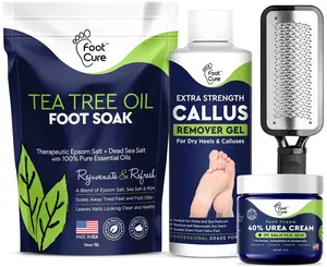 Foot Cure Foot Exfoliator & Callus Remover Kit – 4pc Set with File, Urea Cream & Tea Tree Soak Salts Foot Cure Foot Exfoliator & Callus Remover Kit – 4pc Set with File, Urea Cream & Tea Tree Soak Salts