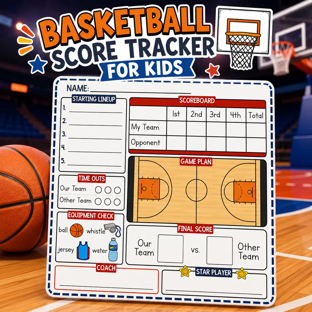 Basketball Score Tracker Notepad for Kids | Pretend Play Basketball Activity Pad Ages 3–8