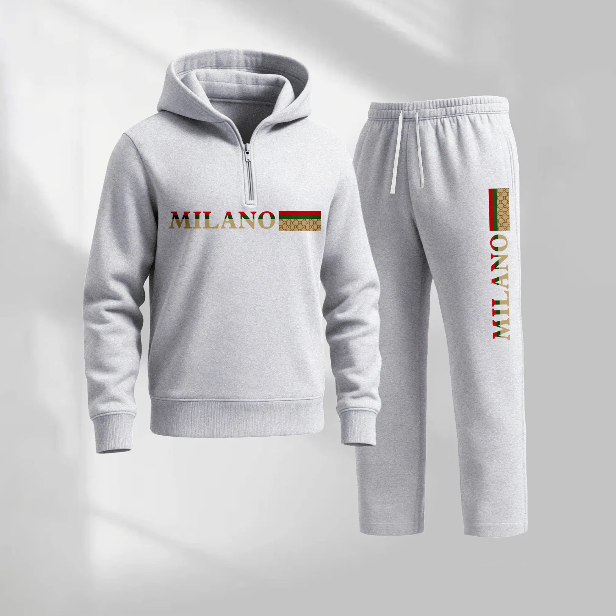 Men's 2-Piece Minimalist MILANO Letter Print Polyester Hoodie & Drawstring Sweatpants Set - Soft, Loose, Breathable Longsleeve Menswear, Casual Athletic Hooded Jacket & Trousers for Fall-Winter Athleisure