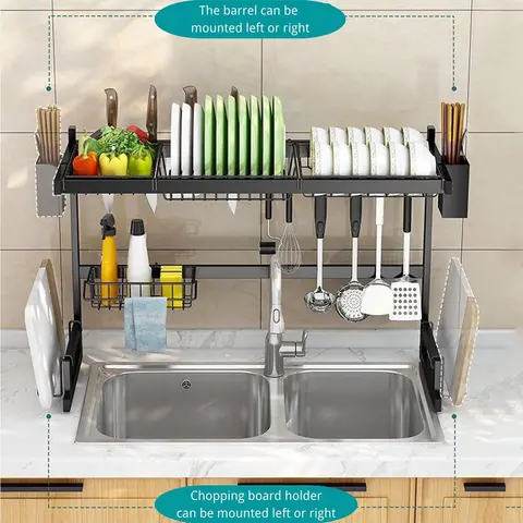 Zhengwanhh09j Rack organizer large space Large Stainless Steel Hangable Oversink Dish Drying Rack - 2-Layer with Draining Boards, Foldable Black Bowl Holder, Easy Installation Rectangular Unit, Integrated Kitchen Organizer, Sink-Space Saver for Utensils