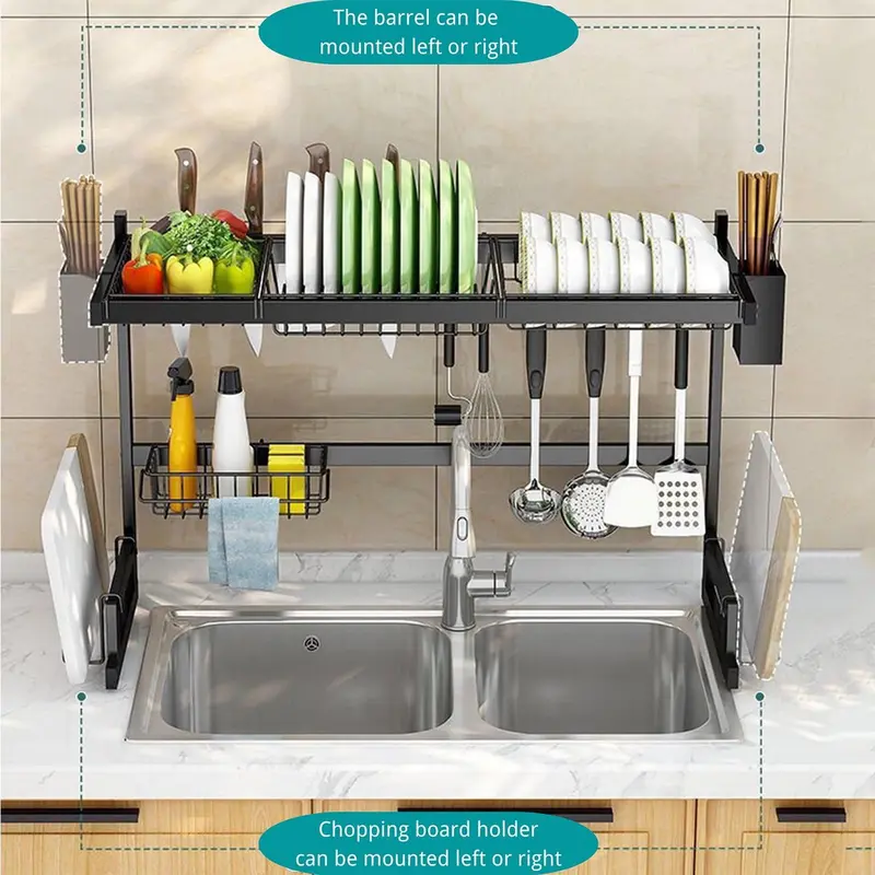 Zhengwanhh09j Rack organizer large space Large Stainless Steel Hangable Oversink Dish Drying Rack - 2-Layer with Draining Boards, Foldable Black Bowl Holder, Easy Installation Rectangular Unit, Integrated Kitchen Organizer, Sink-Space Saver for Utensils